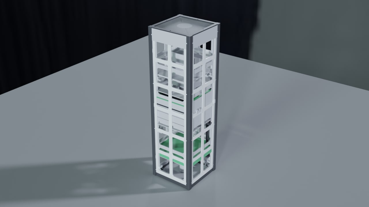 Rendered model of the 3U CubeSat rail frame with stacked payload boards