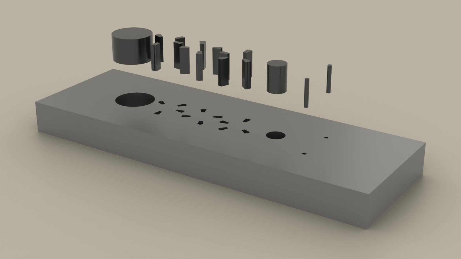 Rendered 3115 progressive die: the hardened die plate with its station openings, and the six-station punch set lifted above it in strip order