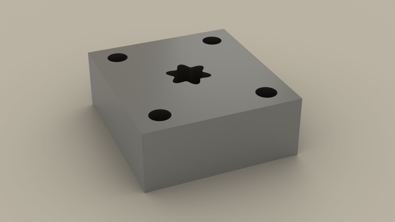 Rendered D2 insert: the six-lobe opening cut through the block, with the four corner clearance holes