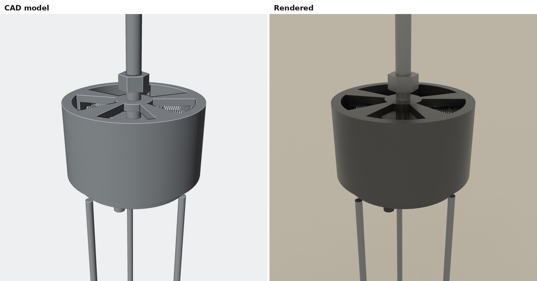 The same 3115 model shown twice: flat-shaded CAD on the left, rendered on the right