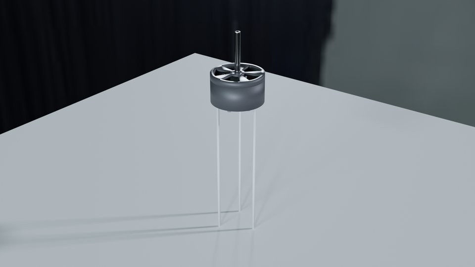 Studio render of the assembled 3115 outrunner, shaft up, on its three motor leads